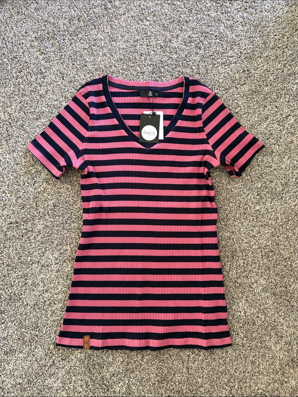 AMPERSAND AVE Pink and Black Striped Short Sleeve Tee